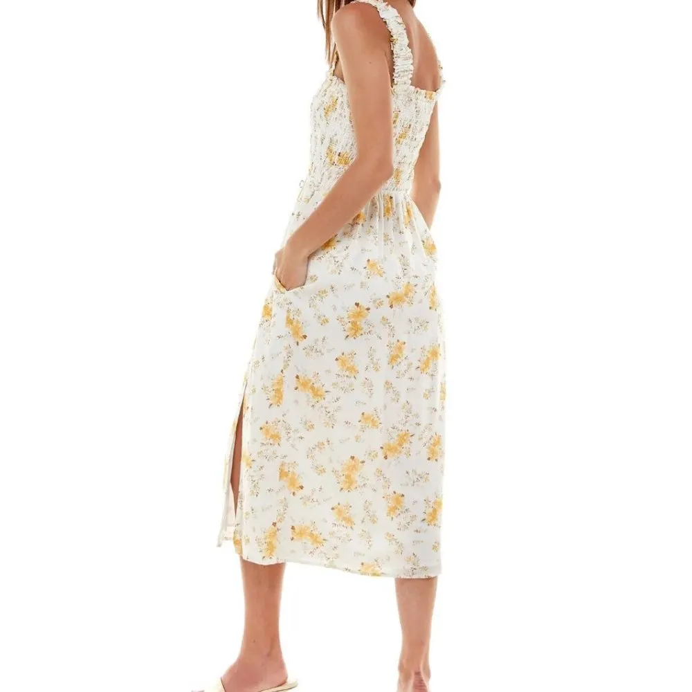 WAYF Rashida Smocked Sundress Midi White/Yellow (Small) Floral Print - Image 4