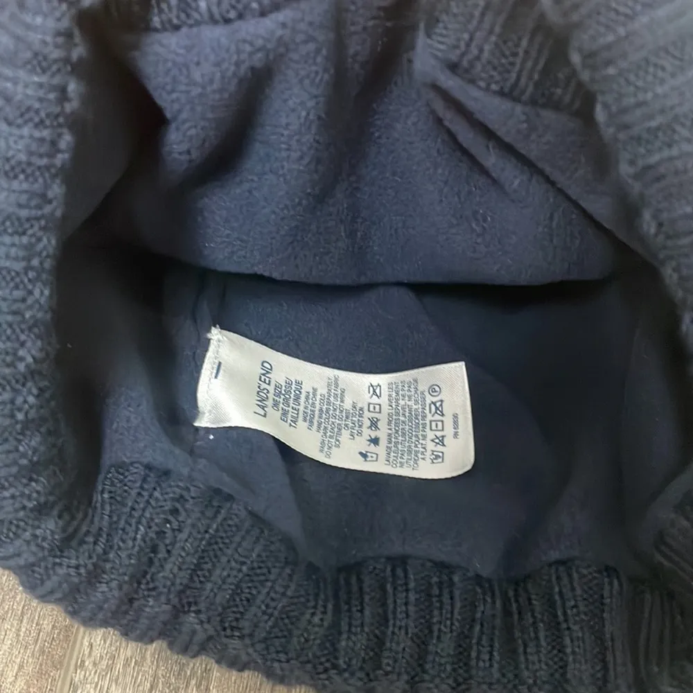 Lands' End Pompom Winter Beanie Hat Navy/White - Image 2