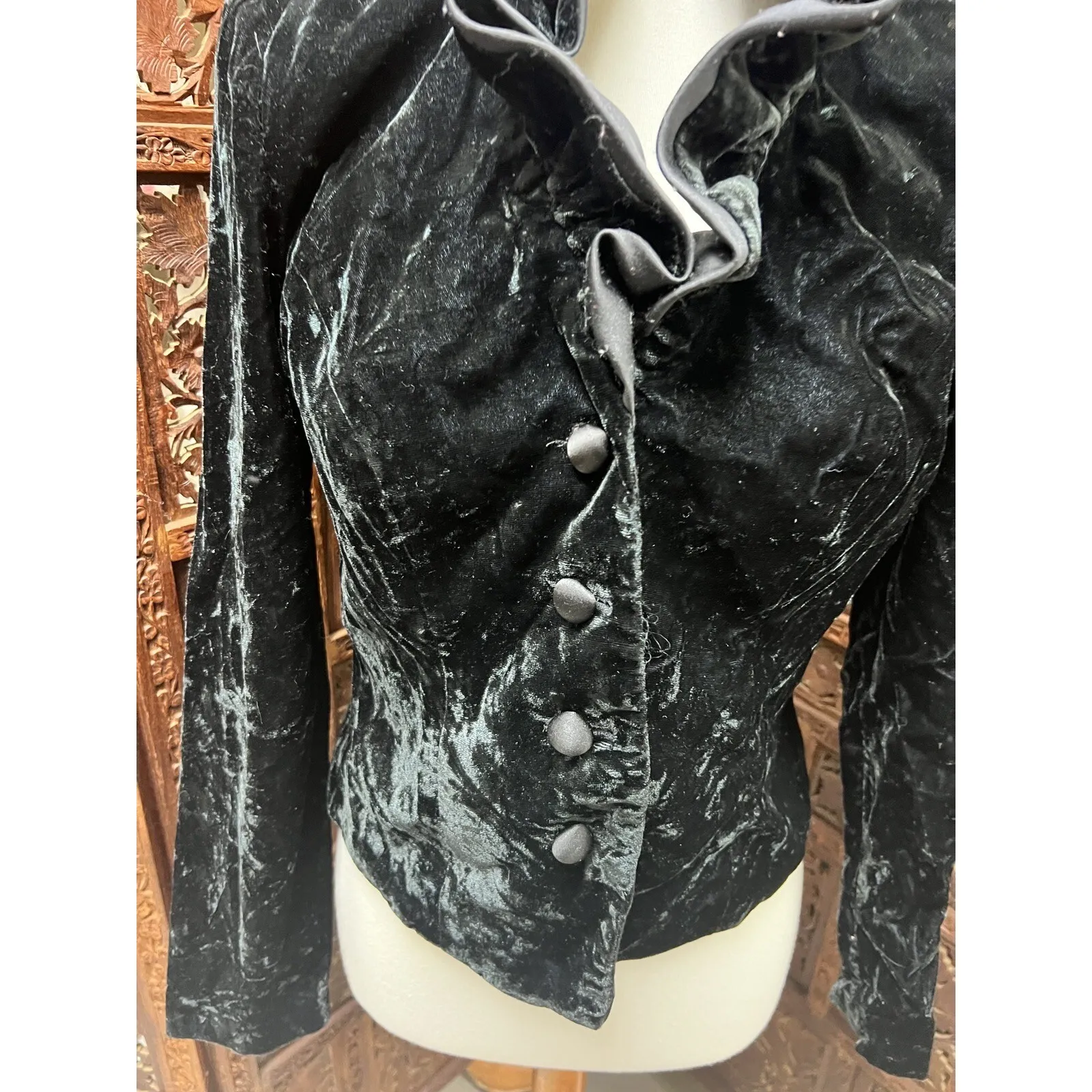 Vtg S black Goth Victorian steampunk Gothic Collared Button Front Jacket velvet - Image 2