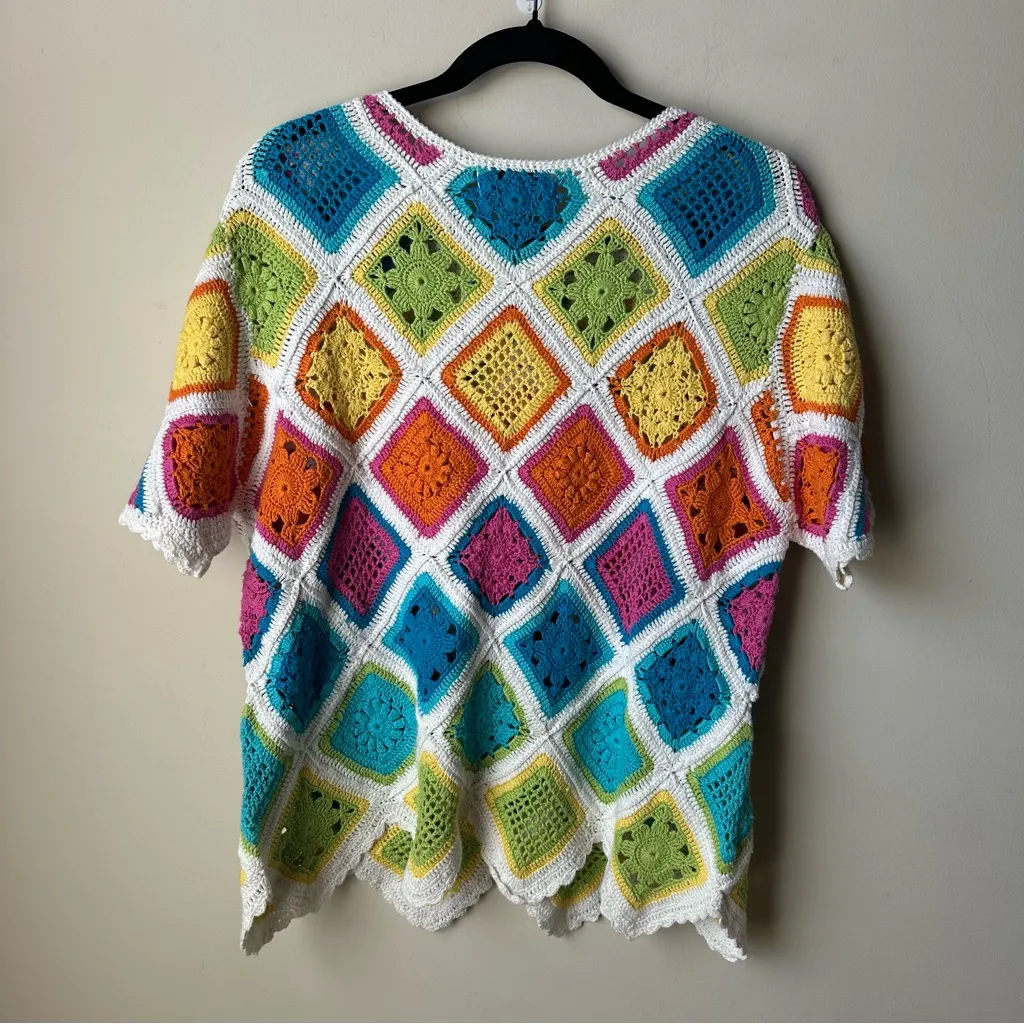 Vintage All Points Women’s Granny Square Sweater Shirt Blouse Top Colorful Ramie Size M - Image 3
