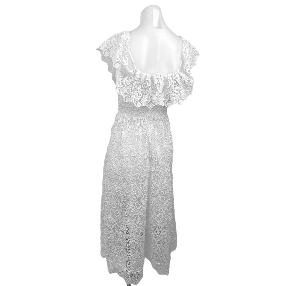 H&M White Lace Off The Shoulder Frill Sleeves A-Line Lined Midi Dress Size 4 - Image 4