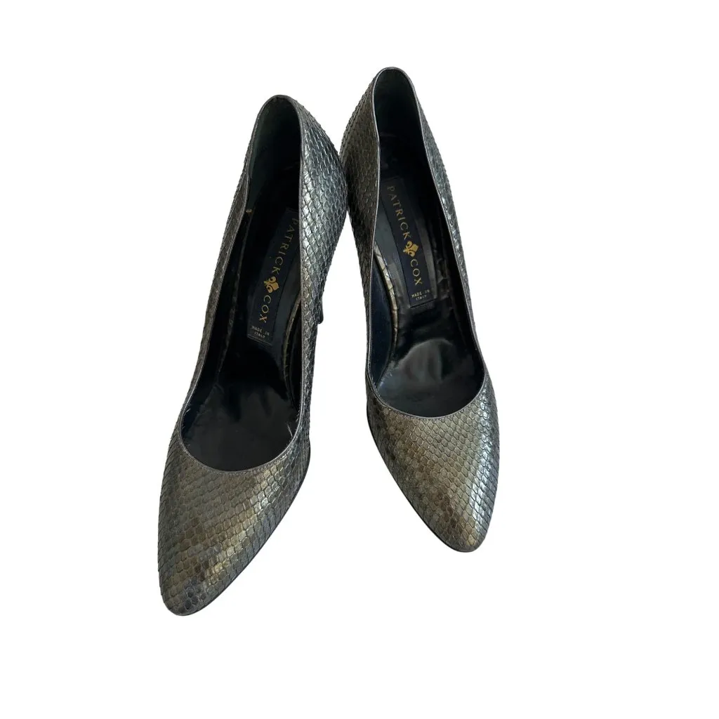 PATRICK COX Metallic Snakeskin Stiletto Heels Size 39.5 US 9.5 Gray - Image 6