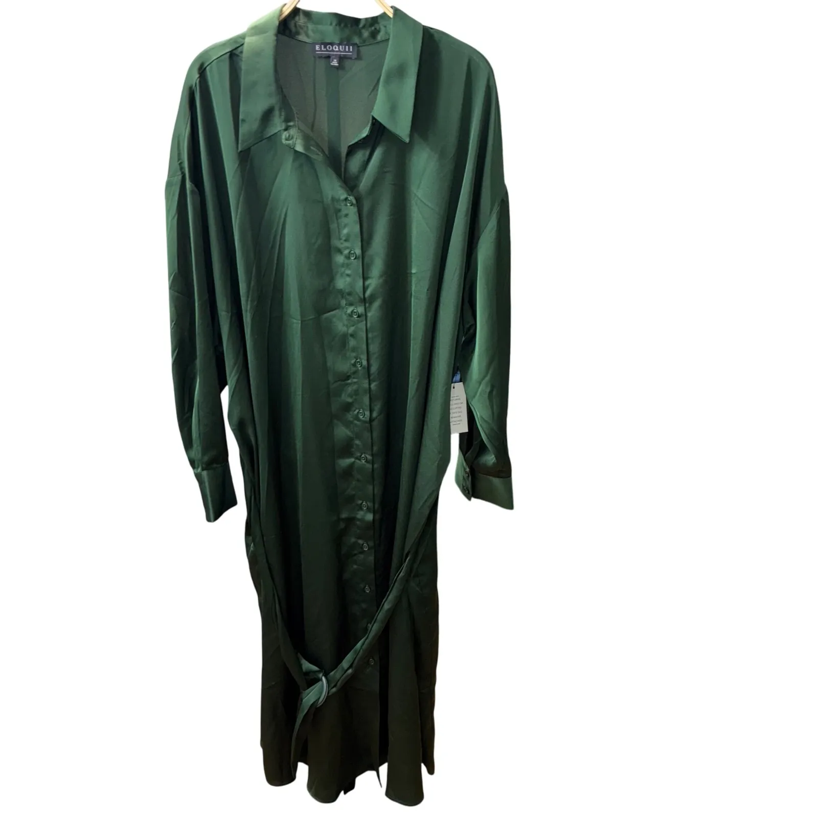 NWT ELOQUII Womens 26W Satin Button Front Midi Shirt‎ Dress Belted Green Trendy - Image 3