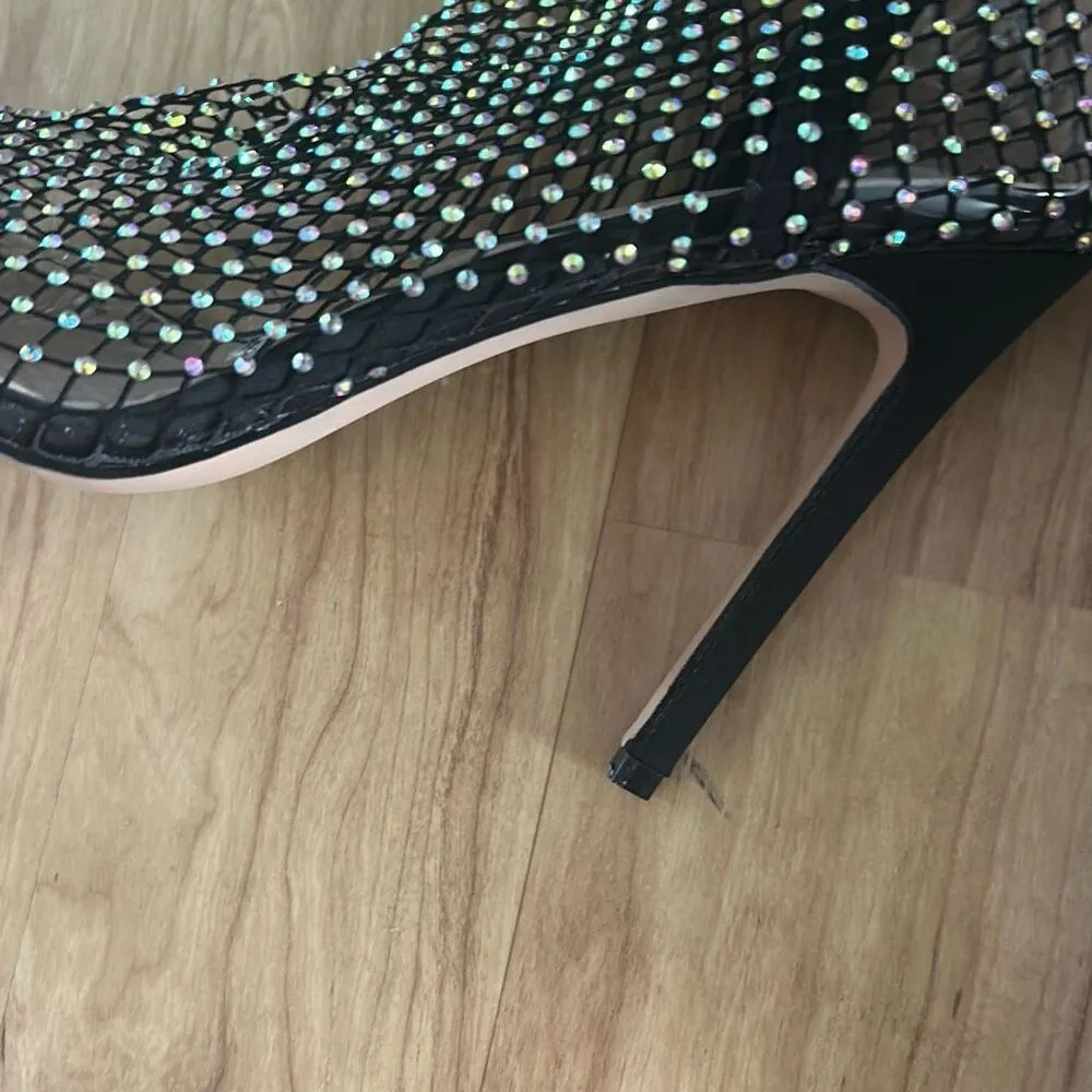 Women's Rhinestone Shoes Fashion Solid Color High Heels Pointed Boots Trendy Sex Black Size 8 - Image 7