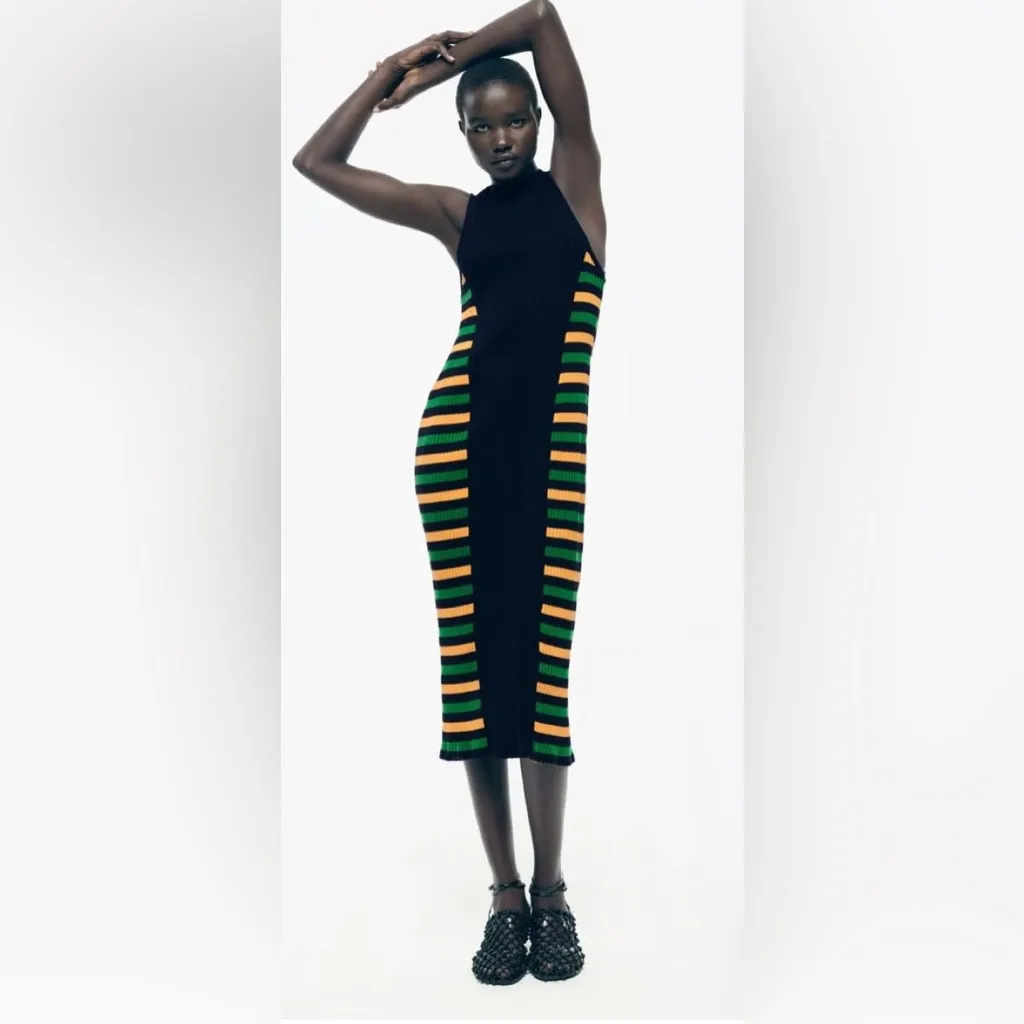Zara Black Knit Ribbed Stretchy Bodycon Midi Dress Side Stripes Size Small S - Image 11