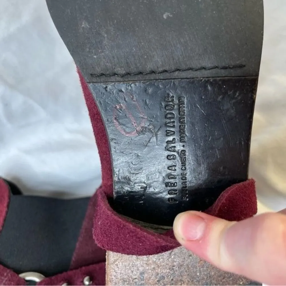 Freda Salvador Burgundy Suede Fringe Chelsea Western Buckle Ankle Boots size 7 Red - Image 13