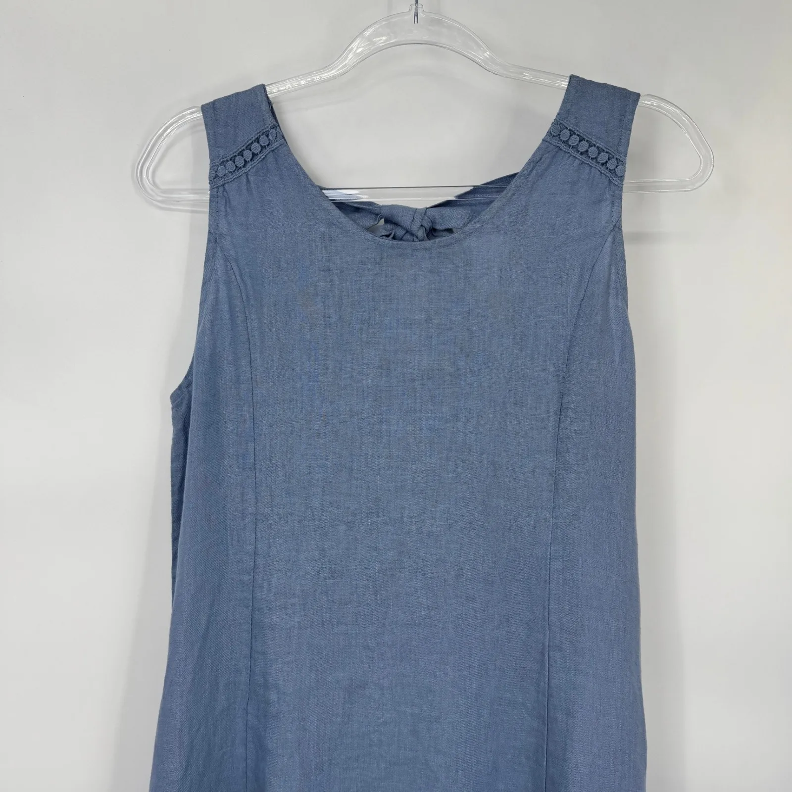 Terzo Millennio Linen Dress Blue Midi Sleeveless Bow Back Ruffle S Made in Italy - Image 2
