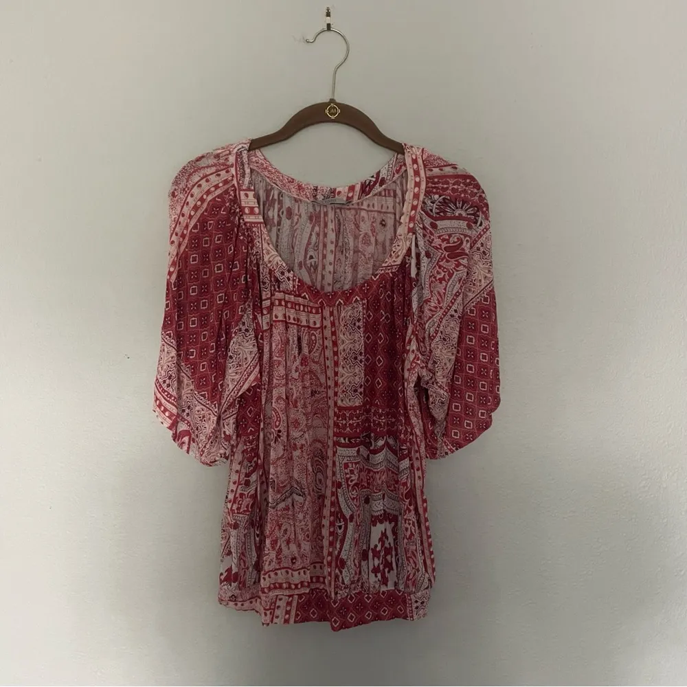 Bohemian Paisley Peasant Top Red & White Size M - Image 2