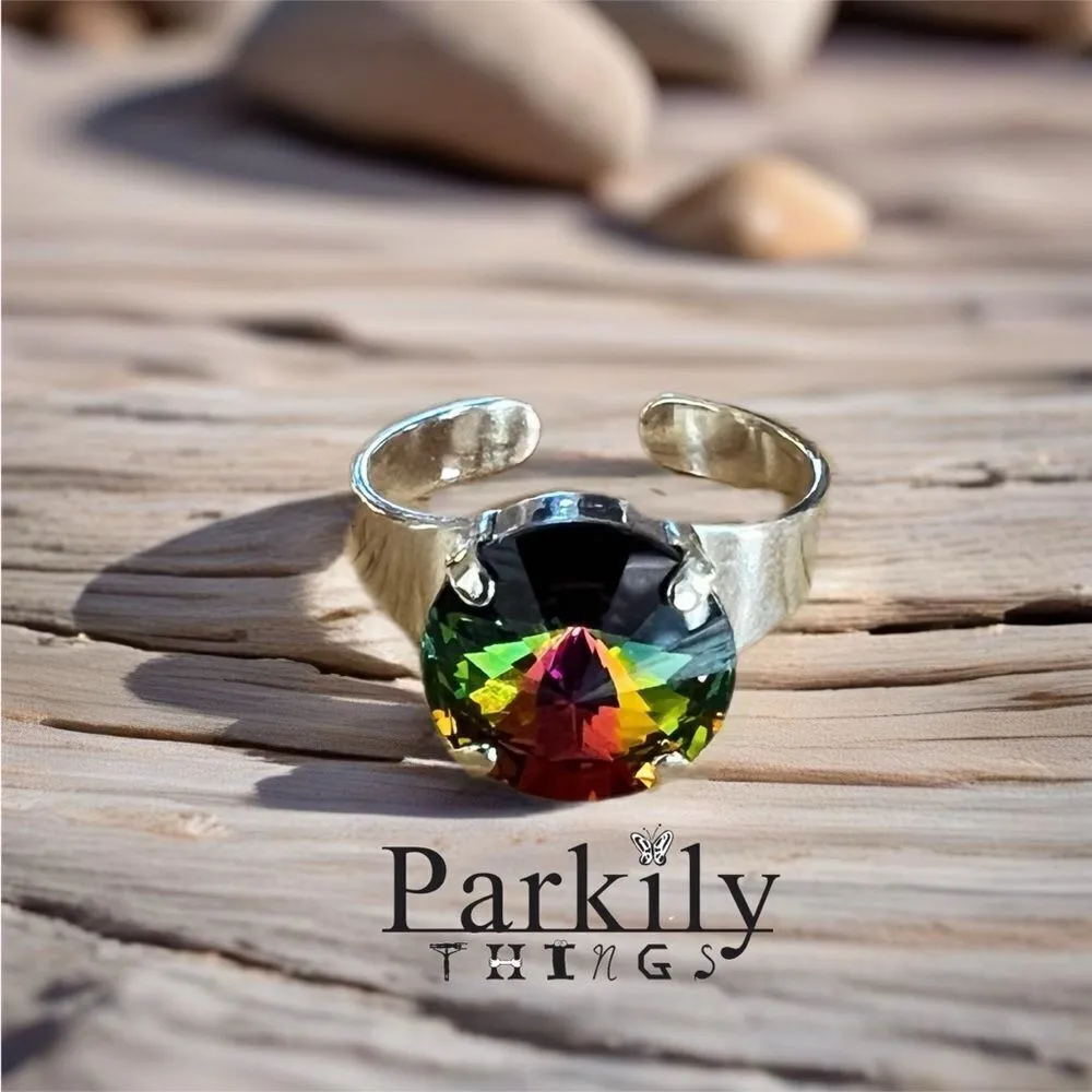 Handcrafted sparkly ring made with medium vitrail Swarovski crystal adjustable Silver - Image 3