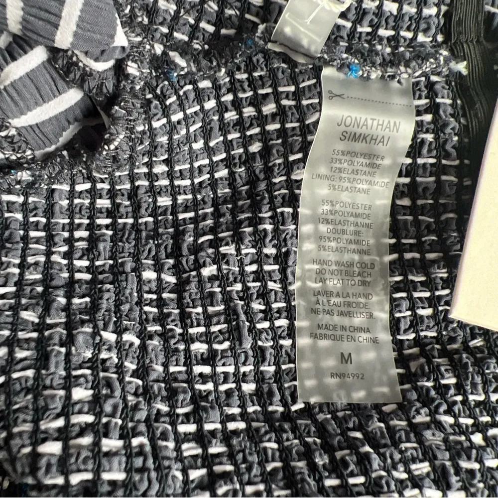 Jonathan Simkhai Striped Smocked Off Shoulder Puff Sleeves Bikini Top Gray Size M - Image 5