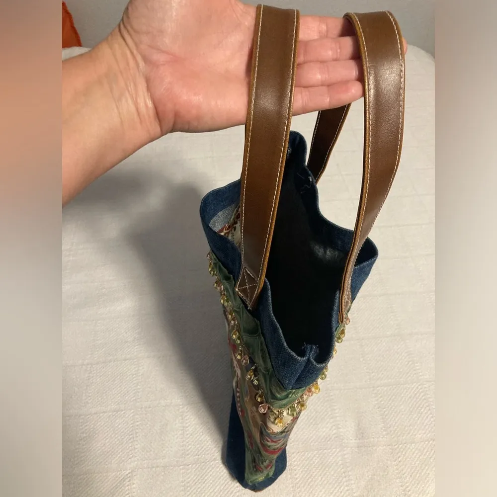 CHRISTMAS Santa Denim Tote Purse Bag with Beads Vintage Blue - Image 4