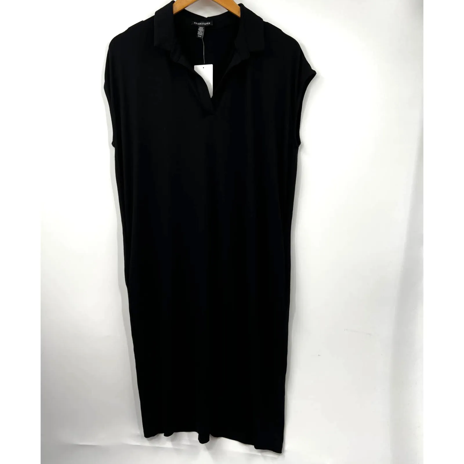 Eileen Fisher‎ Women's Sleeveless Polo Dress Stretch Solid Black Size X-Small - Image 2