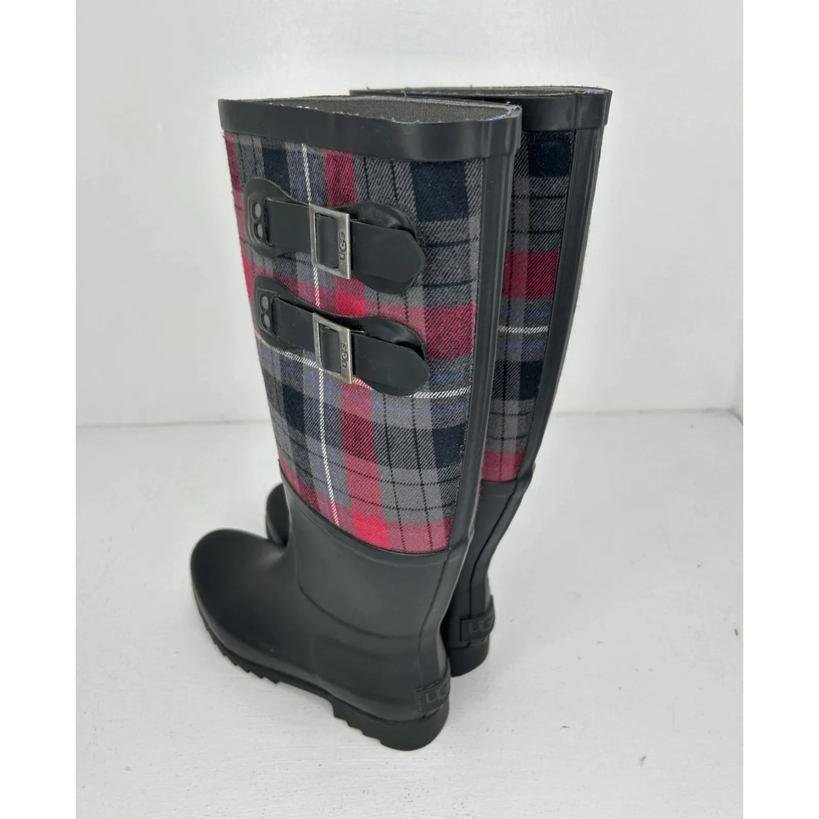 UGG Plaid Rain Boots Women's US 7 Black Red Tall Buckle Waterproof Winter - Image 6