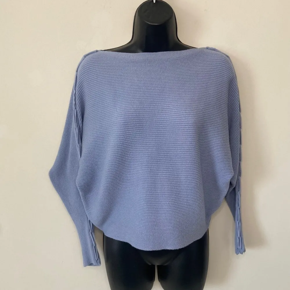 Magaschoni Blue Boatneck Sweater Shirt Size Medium Thick Blanket Stitch Details - Image 7