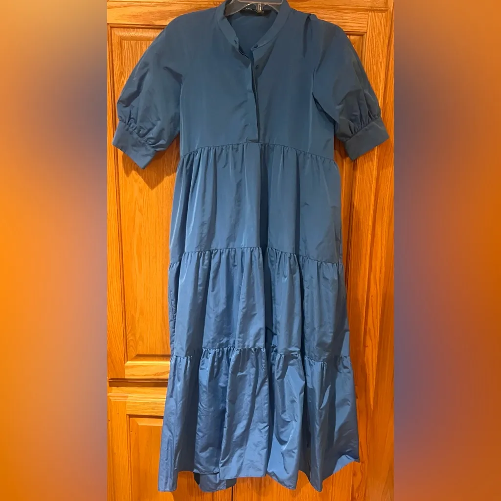 ZARA Sea Puff Sleeve Voluminous Tiered Ruffle Midi Maxi Dress Blue Size XS - Image 9