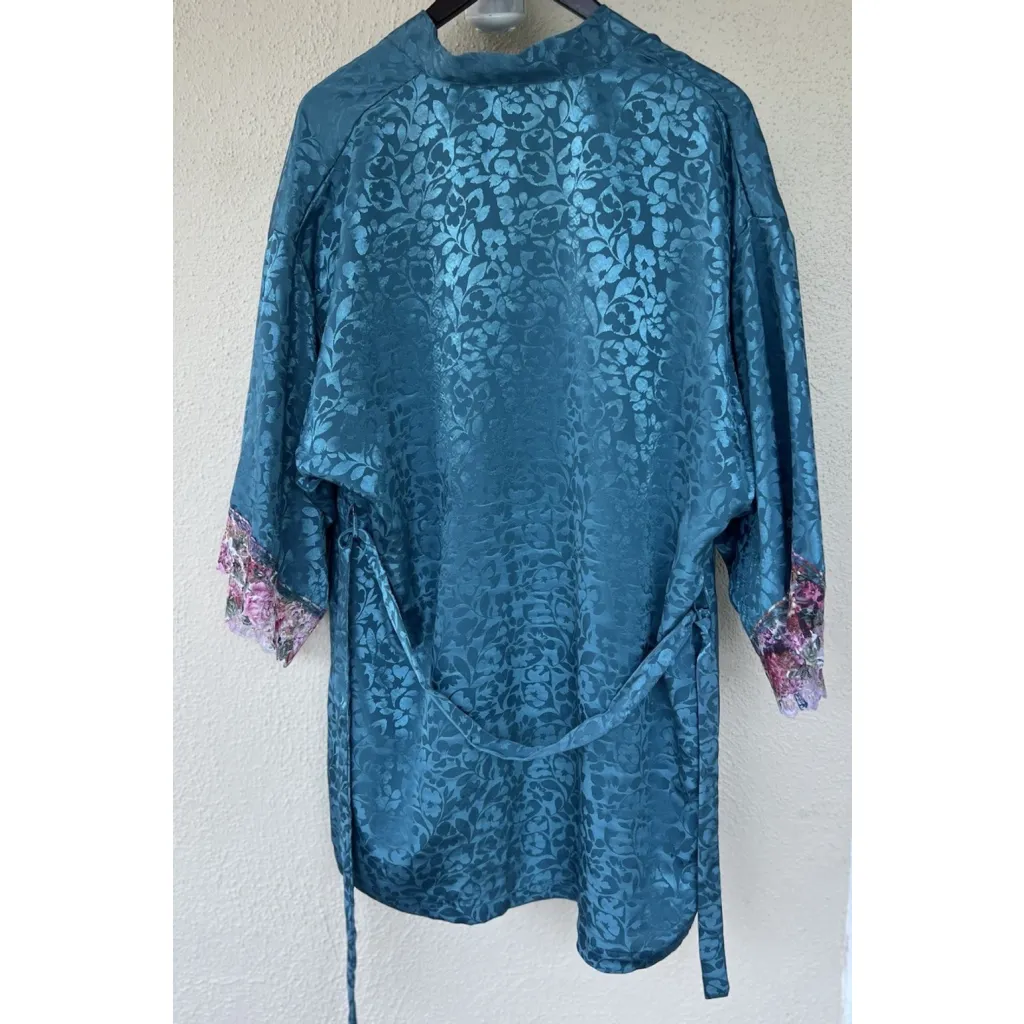 Val Mode Women’s Vintage Satin Jacquard Robe Kimono Sleeve Floral Lace Mermaid L Blue Size L - Image 4