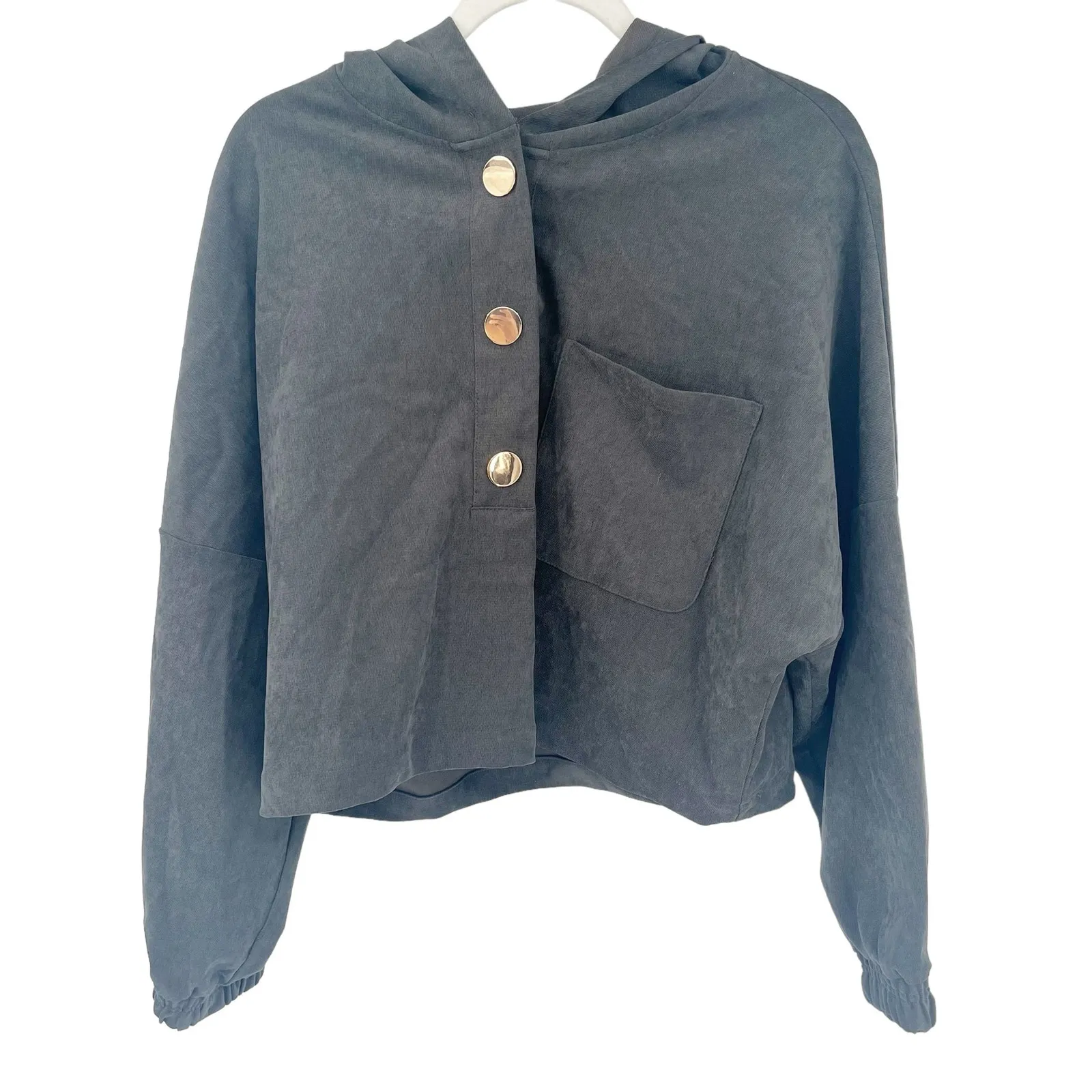 Zara Womens Lounge‎ Gold Half Snap Oversized Boxy Cropped Hoodie Size L Gray - Image 3