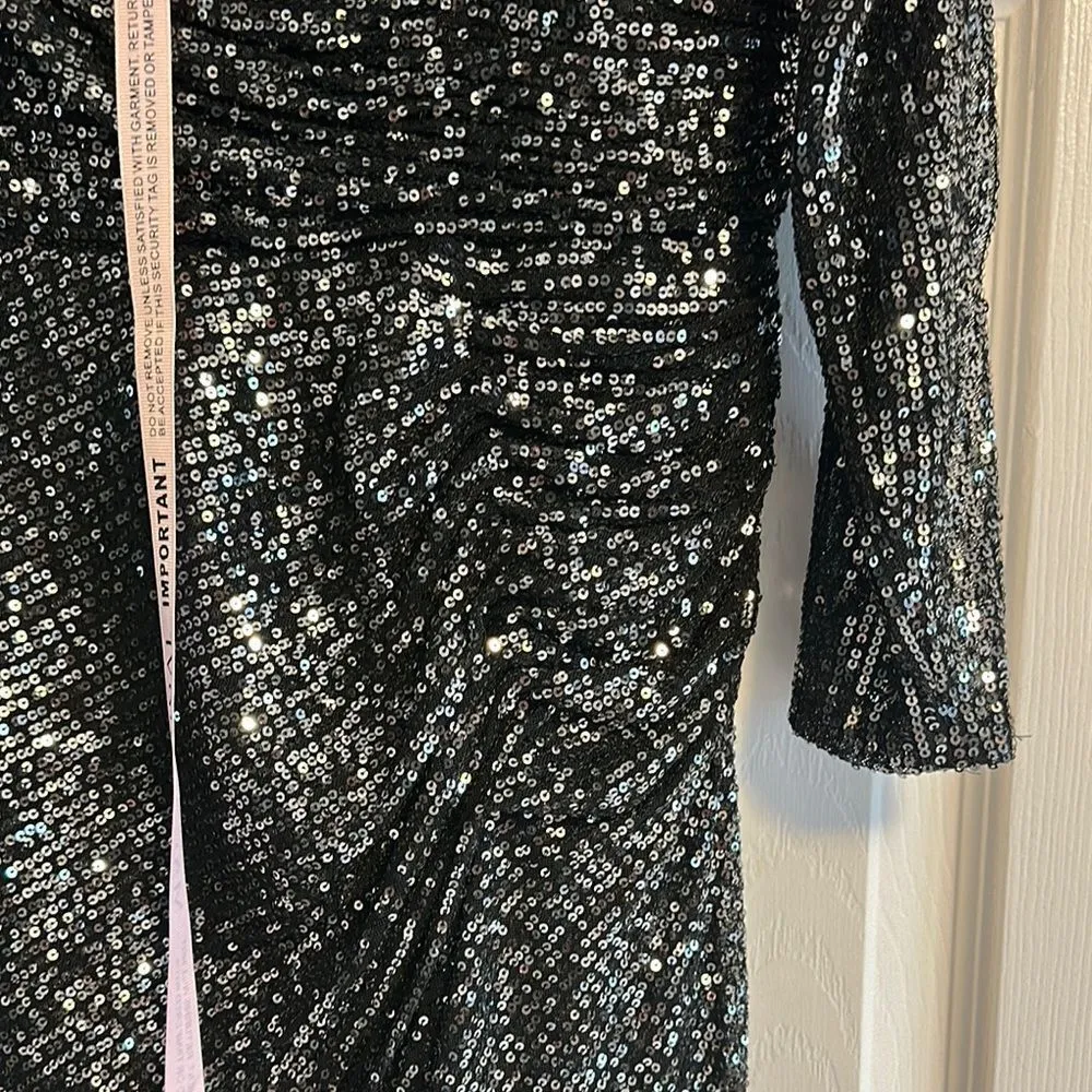 IEENA for Mac Duggal Black Sequin Faux Wrap V Neck Long Sleeve Midi Dress Siz 12 - Image 3