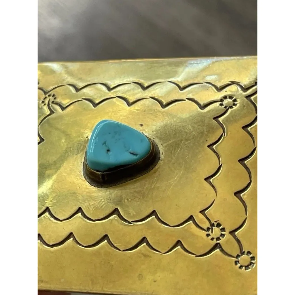 Navajo Yellow Brass Turquoise Women’s Belt Buckle Flower Engraved Signed ER Gold - Image 8