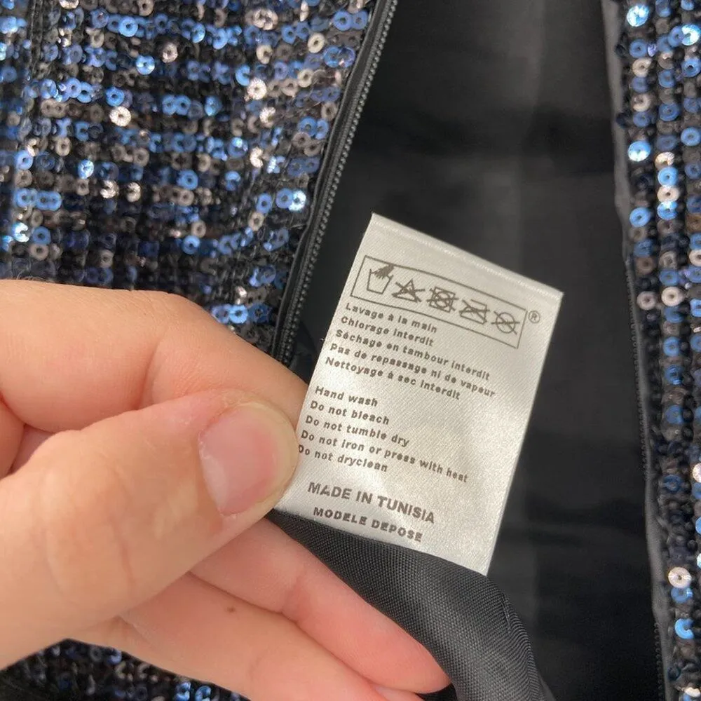 MAJE Ketsia Midnight Blue Sequined Tulle Dress Velvet Bow Small - Image 7