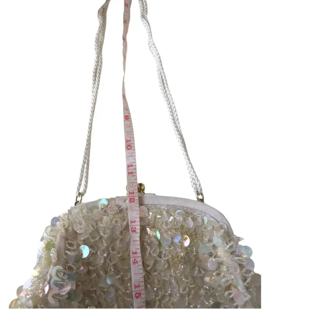 Vintage Ivory Beaded Sequin Evening Bag wedding White - Image 9