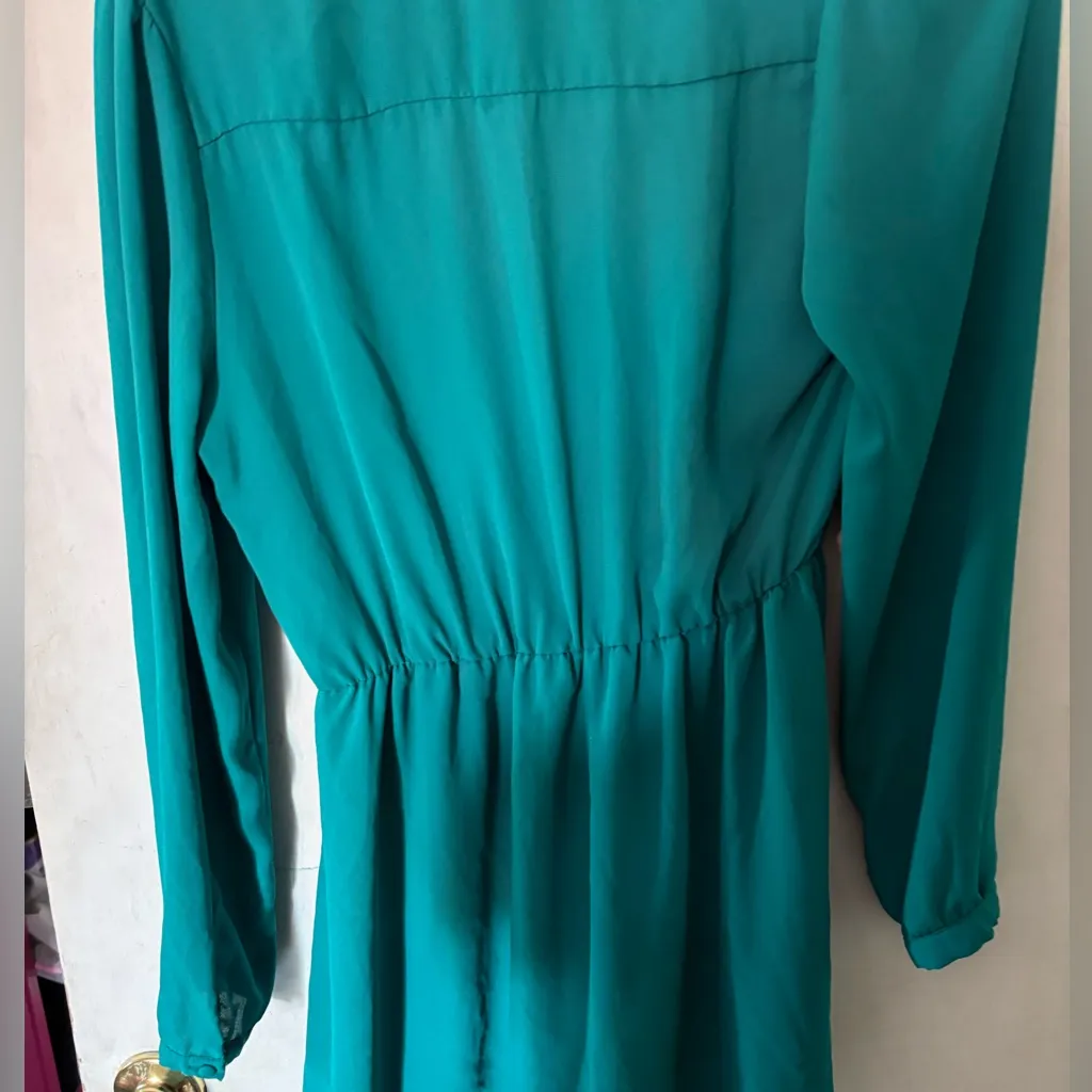 Forever 21 Green Teal Chiffon Long Sleeve Mini Faux Wrap Dress - Image 6