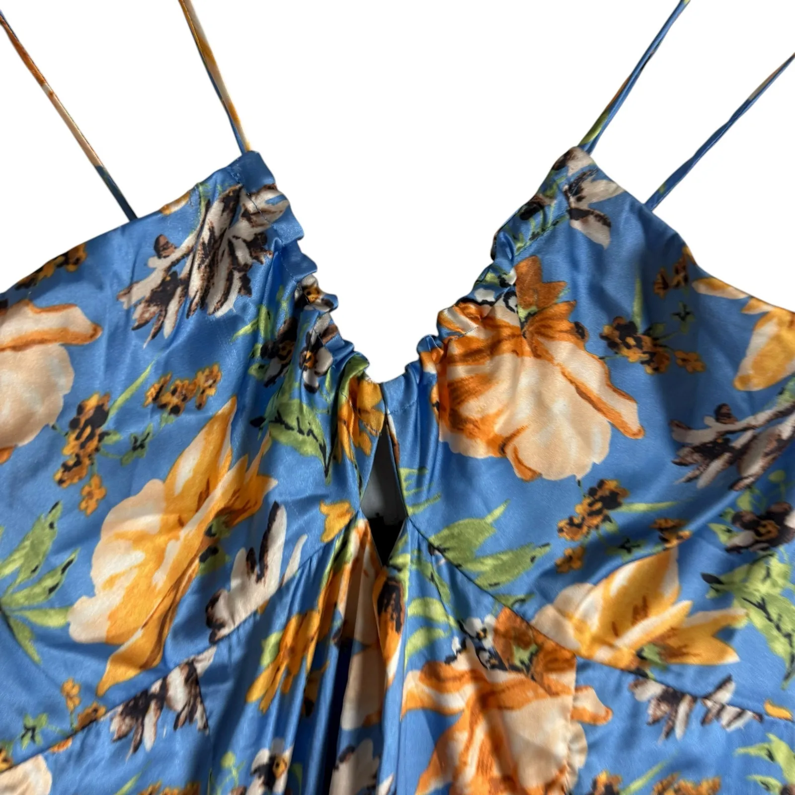 Nookie Simone Blue Floral Satin Asymmetrical Ruffled Cut Out Cocktail Dress L - Image 8