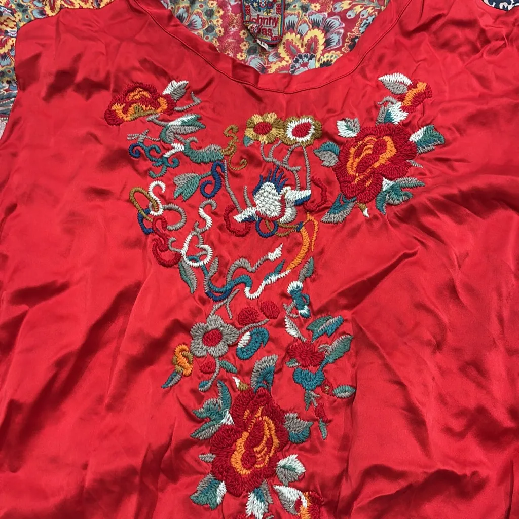 Johnny Was Red Bohemian Paisley Silk Embroidered Floral Flowy Blouse - Image 2