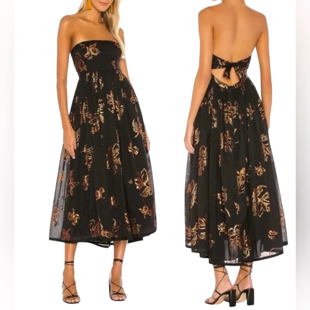 Free People Baja Babe Strapless Midi Dress Black Metallic Bronze Floral Size S - Image 10