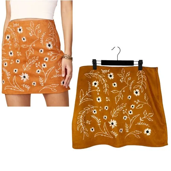 Francesca's Blue Rain Sirena Embroidered Faux Suede Mini Skirt Size XL NEW - Image 2