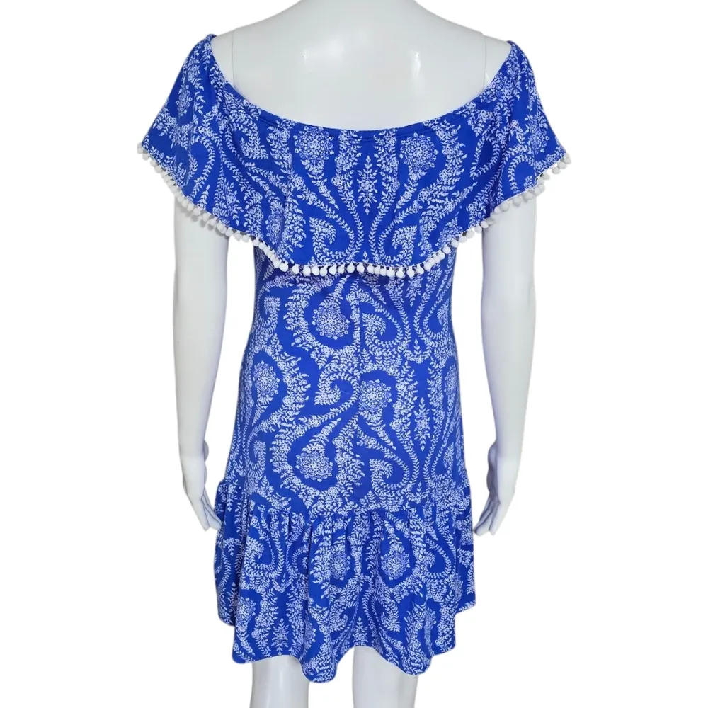 Venus Blue Paisley Off-Shoulder Pom Pom Trim Paisley Mini Dress Size Small - Image 5
