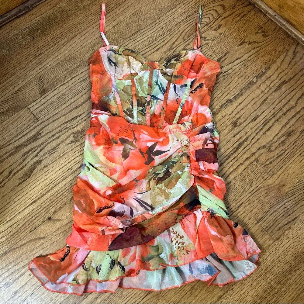 PRETTY LITTLE THING Orange Floral Print Corset Frill Hem Bodycon Dress NWTSize 6 - Image 12