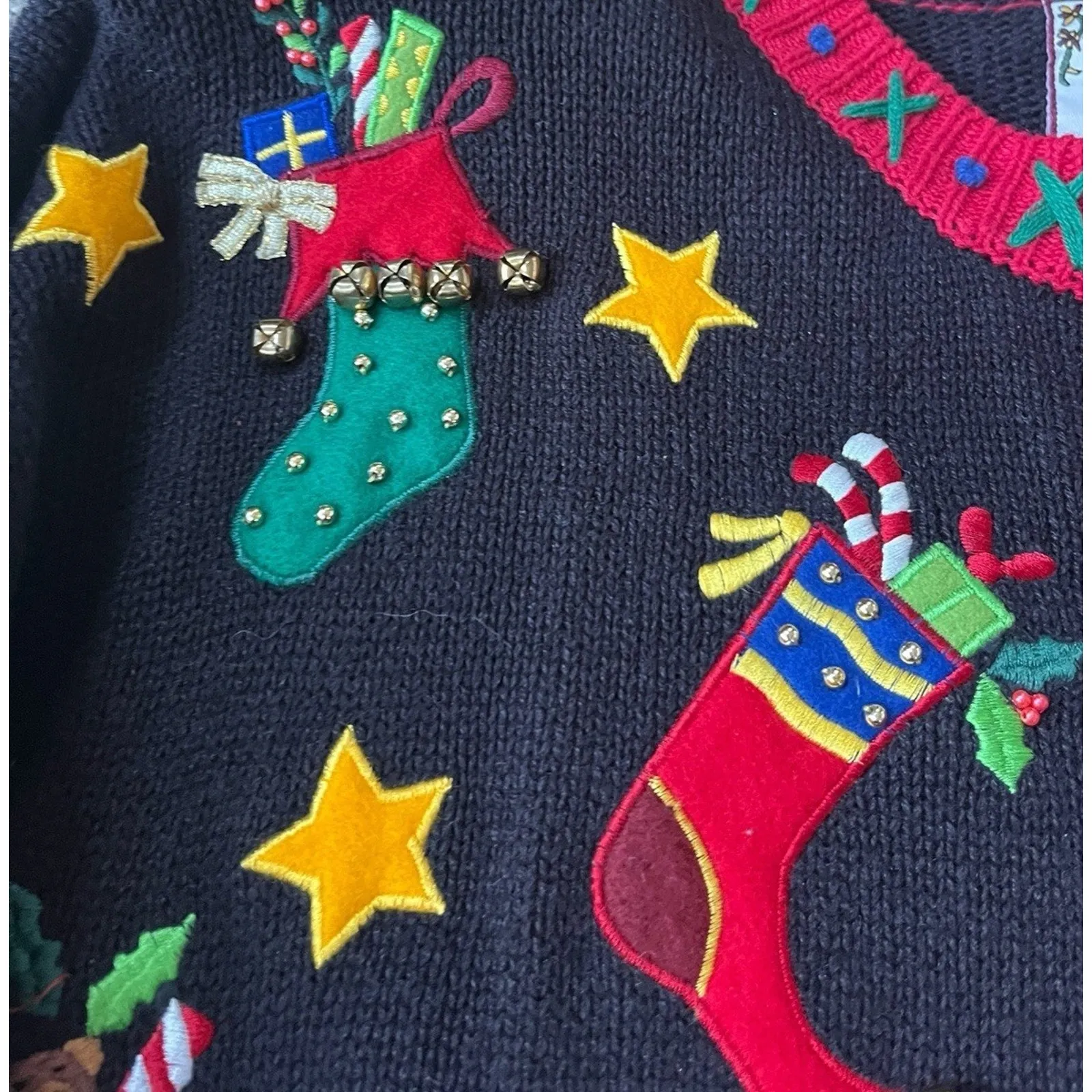 VTG Women's Christmas Cardigan Ugly Sweater XL Holiday Party Bells Black Y2K - Image 6