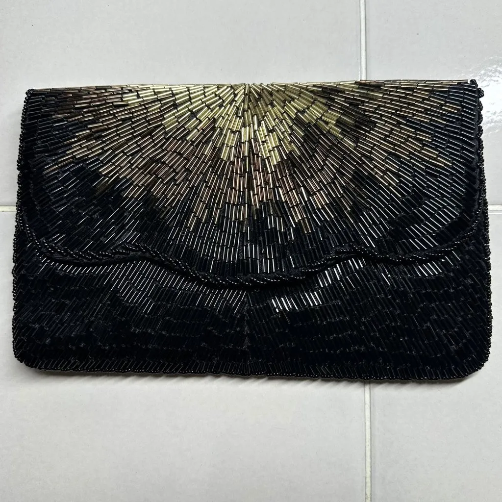 Vintage La Regale Black/Gold/Bronze Beaded Evening Clutch Hong Kong - Image 2