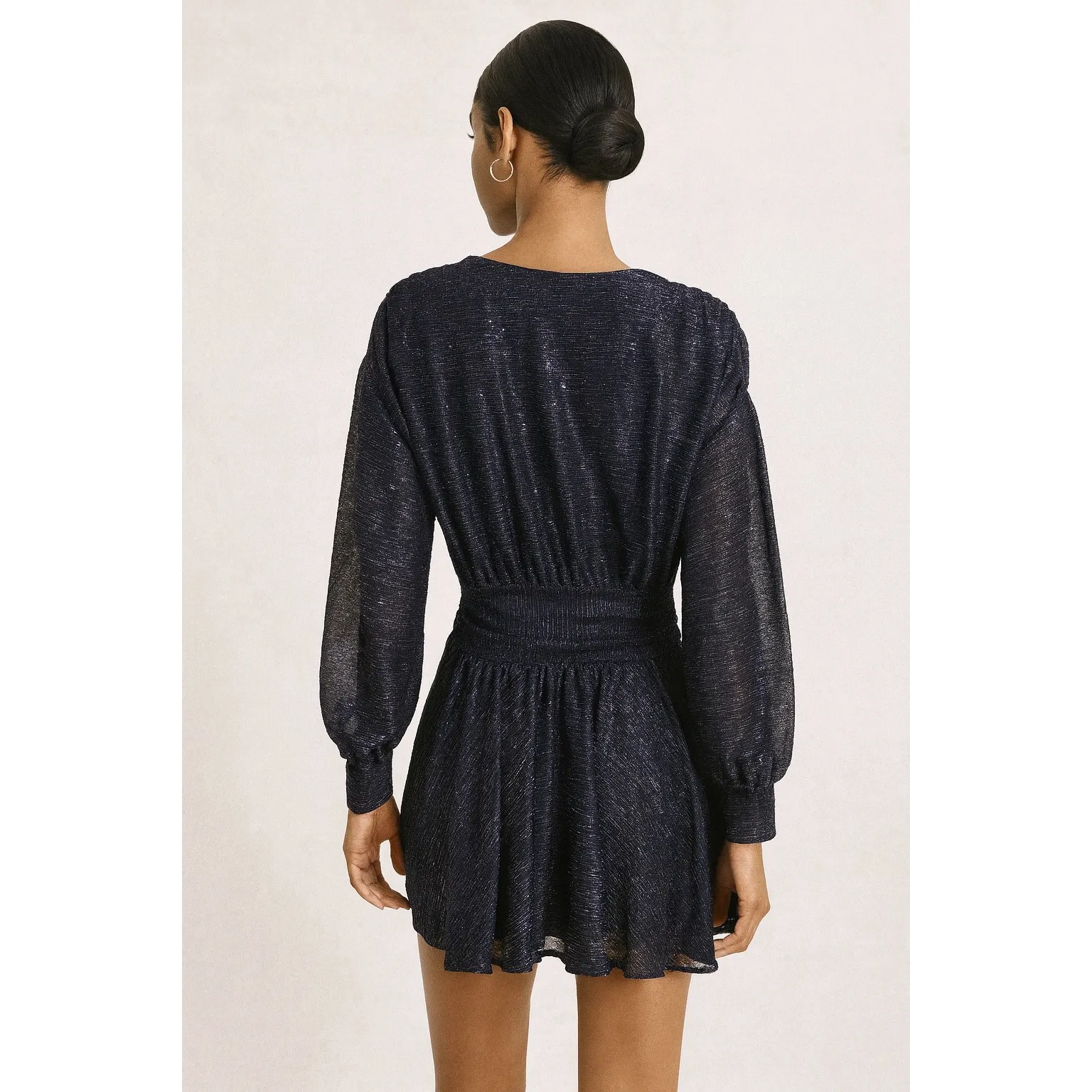 MISA Los Angeles Navy Blue Sparkle Long Sleeve Wrap Mini Dress XS - Image 2