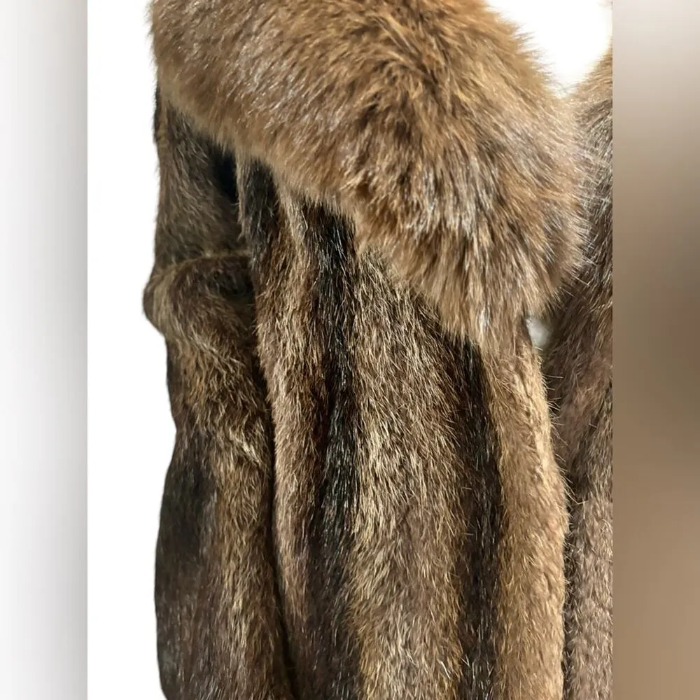 Authentic Vintage John Wanamaker Tricolor Brown Long Fox Collar Mink Fur Coat Tan Size L - Image 5