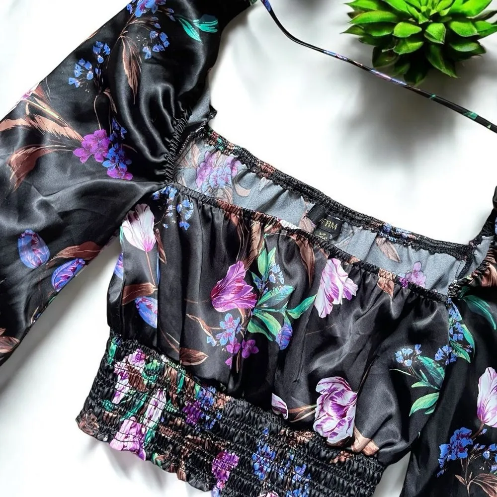 AFRM Florisa Satin Long Sleeve Smocked Top in Noir Bouquet Floral Black - Image 5