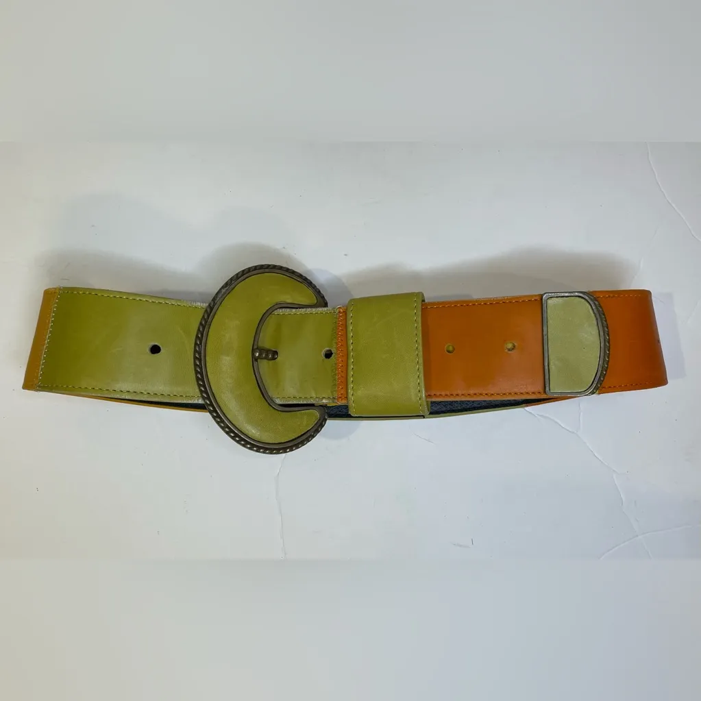 Vintage Alden Howard Women’s Boho Stylish Green and‎ Yellow Leather Belt Size S - Image 4
