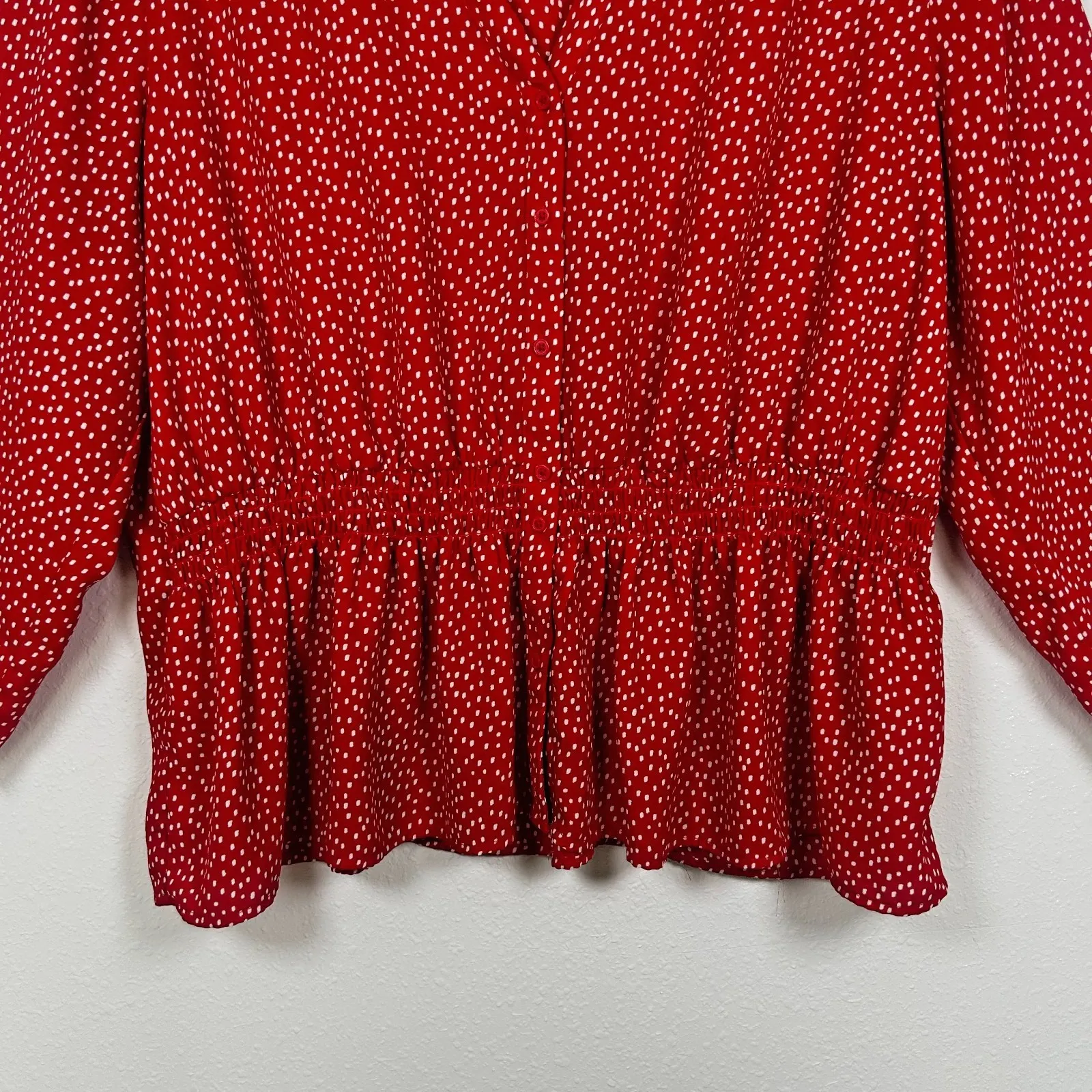 Banana Republic Peplum Top Blouse Shirt Long Sleeve Smock Waist Red Polka Dot XL - Image 2