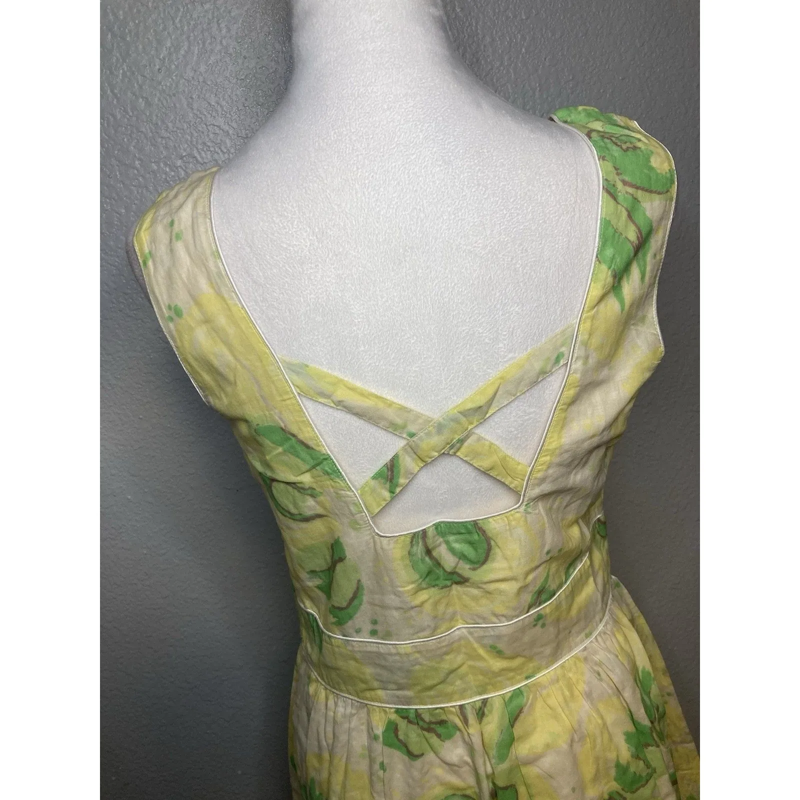 FREE PEOPLE Mini Sun Halter Dress Size 8 Yellow Green Cotton Floral Open Back - Image 4