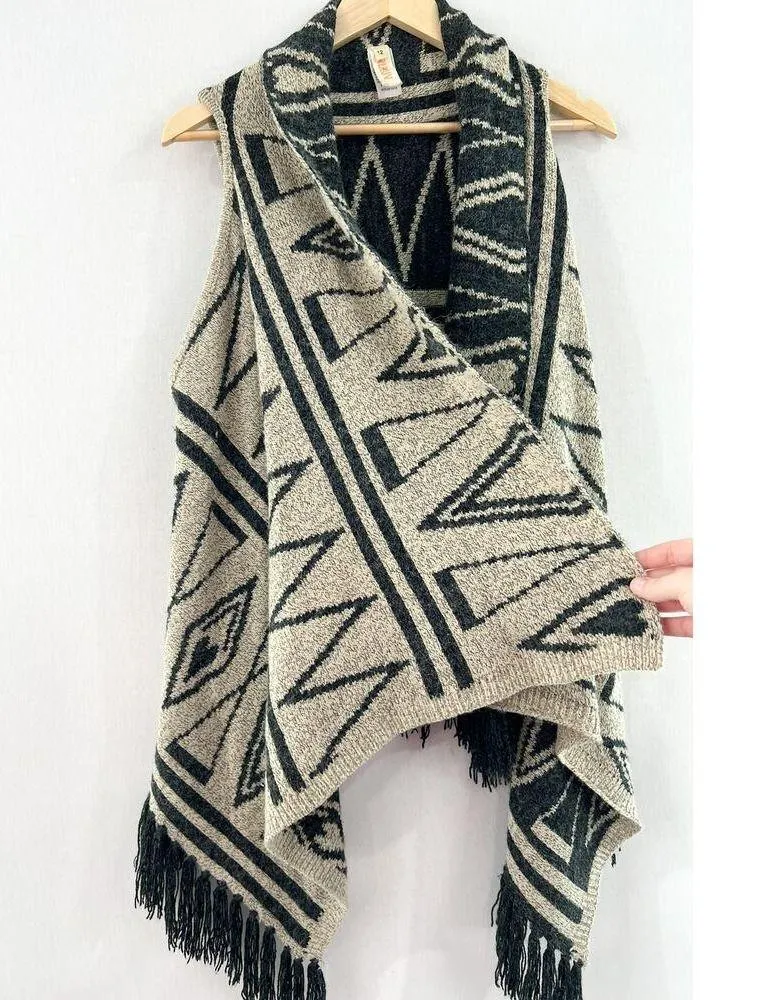 Truluv Aztec Western Knit Fringe Cardigan Vest sz Girls 12 Boho Southwestern Tan Size M - Image 4