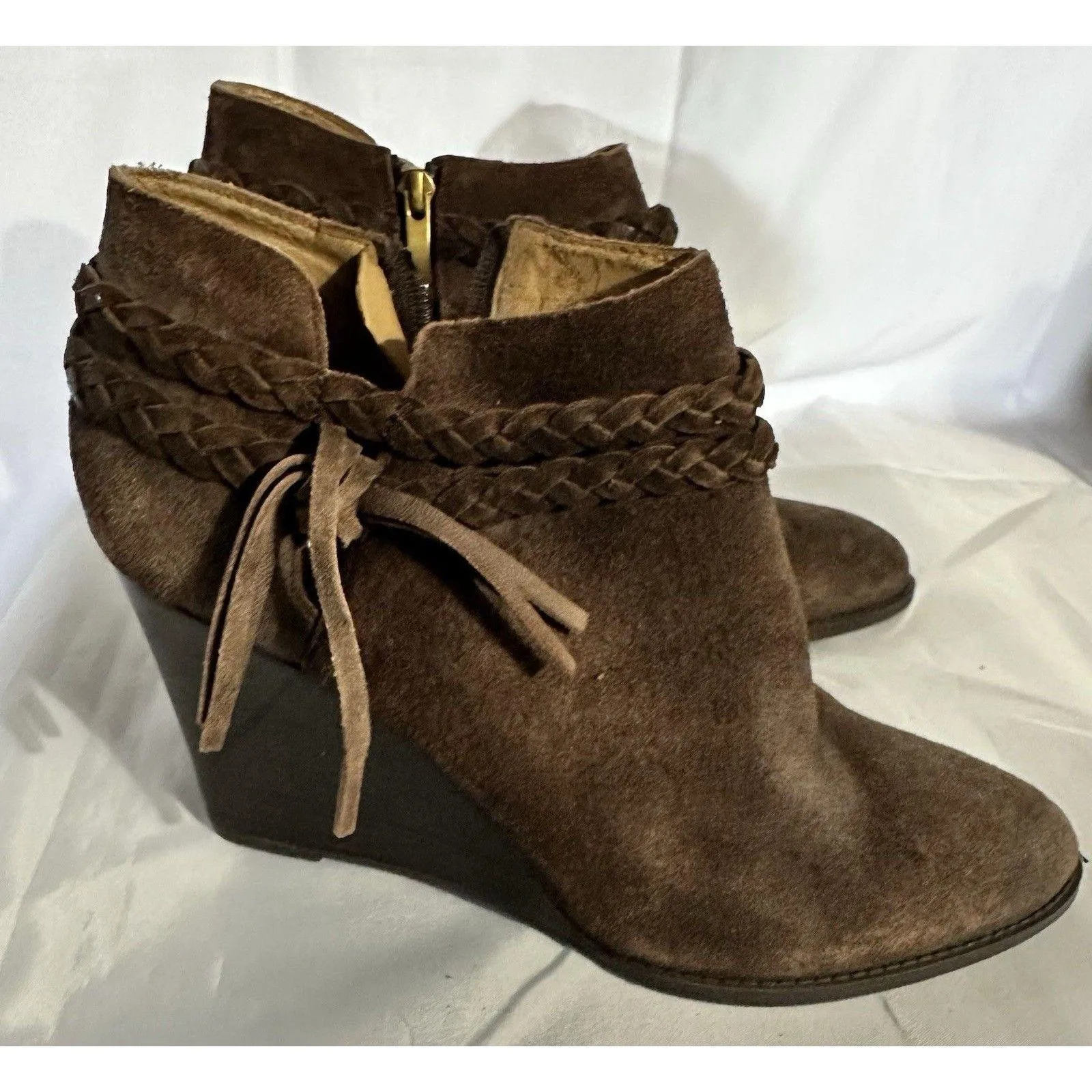 Women’s Franco Sarto Braided Fringe Brown Wedge Ankle Boots Bootie Sz. 10M - Image 2