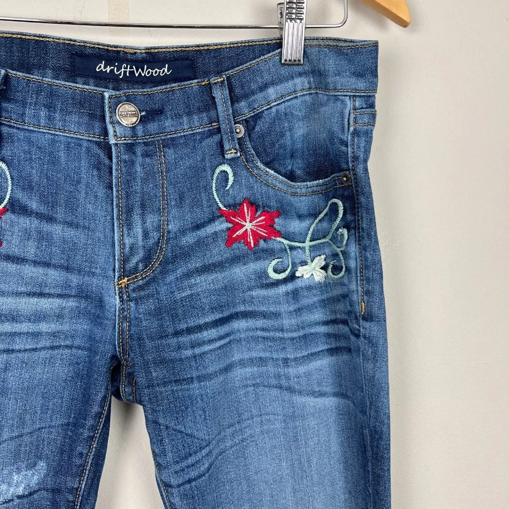 Driftwood Jeans Womens 29 Embroidered Flower Distressed‎ Blue Denim Skinny - Image 4