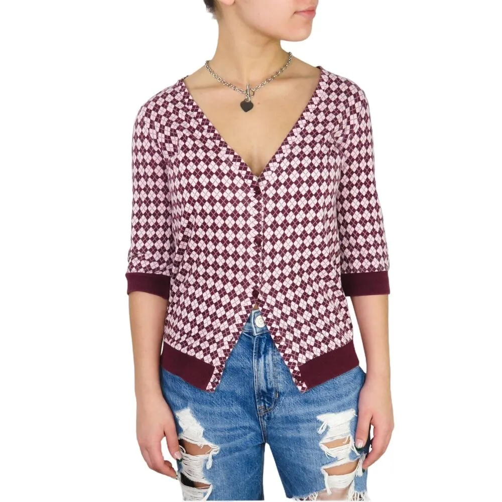 Old Navy Y2k Vintage Argyle Plaid Purple Cardigan Sweater XS Cute Coquette Retro - Image 3