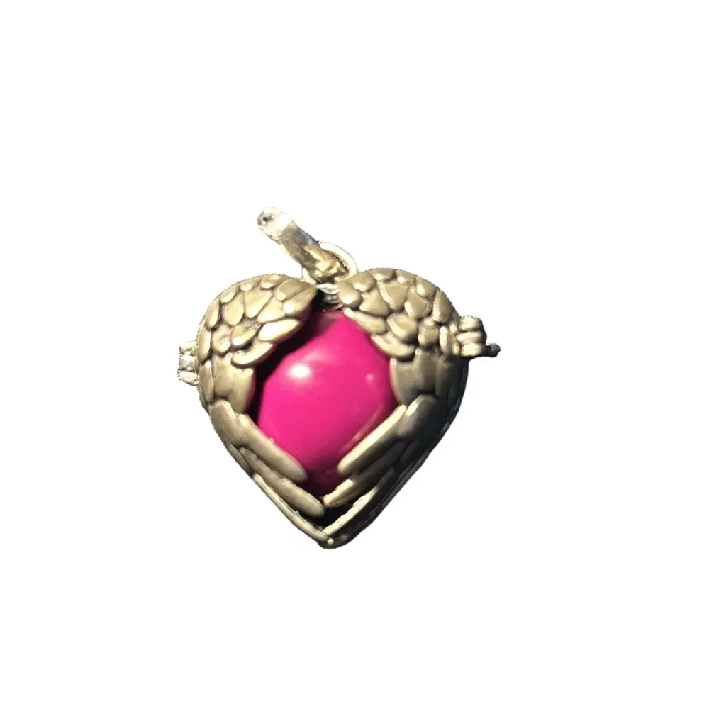 Silver Heart Locket Necklace with Pink Chime Ball, One Size - Image 3