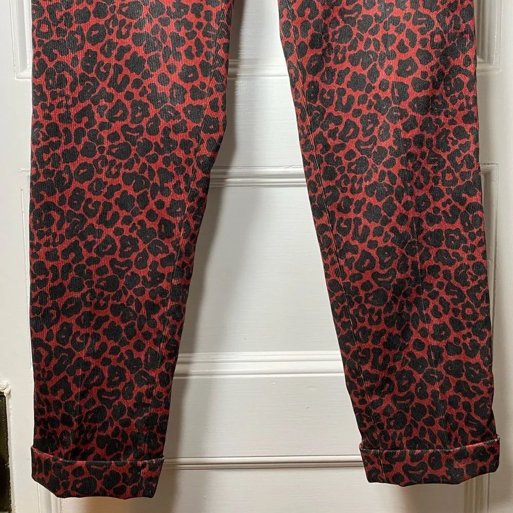 LIU JO Leopard Print Velvet Corduroy Tapered Chinos Burgundy Red/Black Sz 29 Red - Image 13
