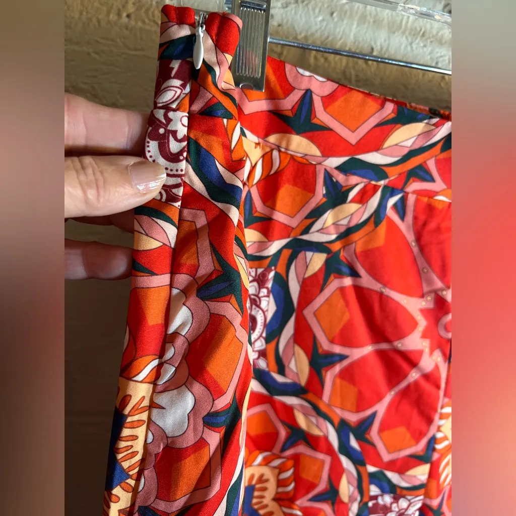 Orange Red Blue Floral Patterned Pants Trousers floral wide leg boho flowy zip L Size L - Image 4