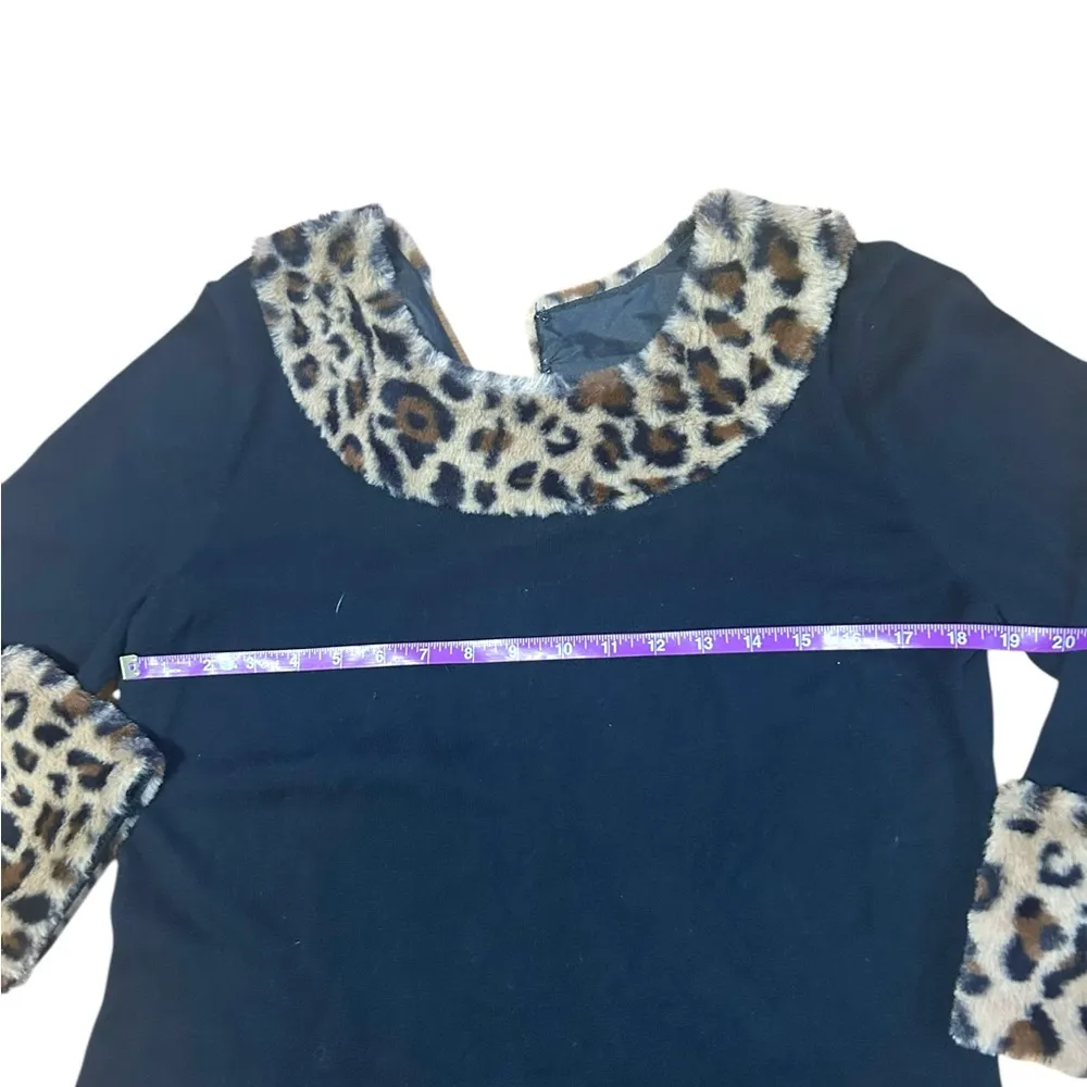 Tyler Boe Chelsey fur leopard print collar cashmere blend dress Size Large Black - Image 5