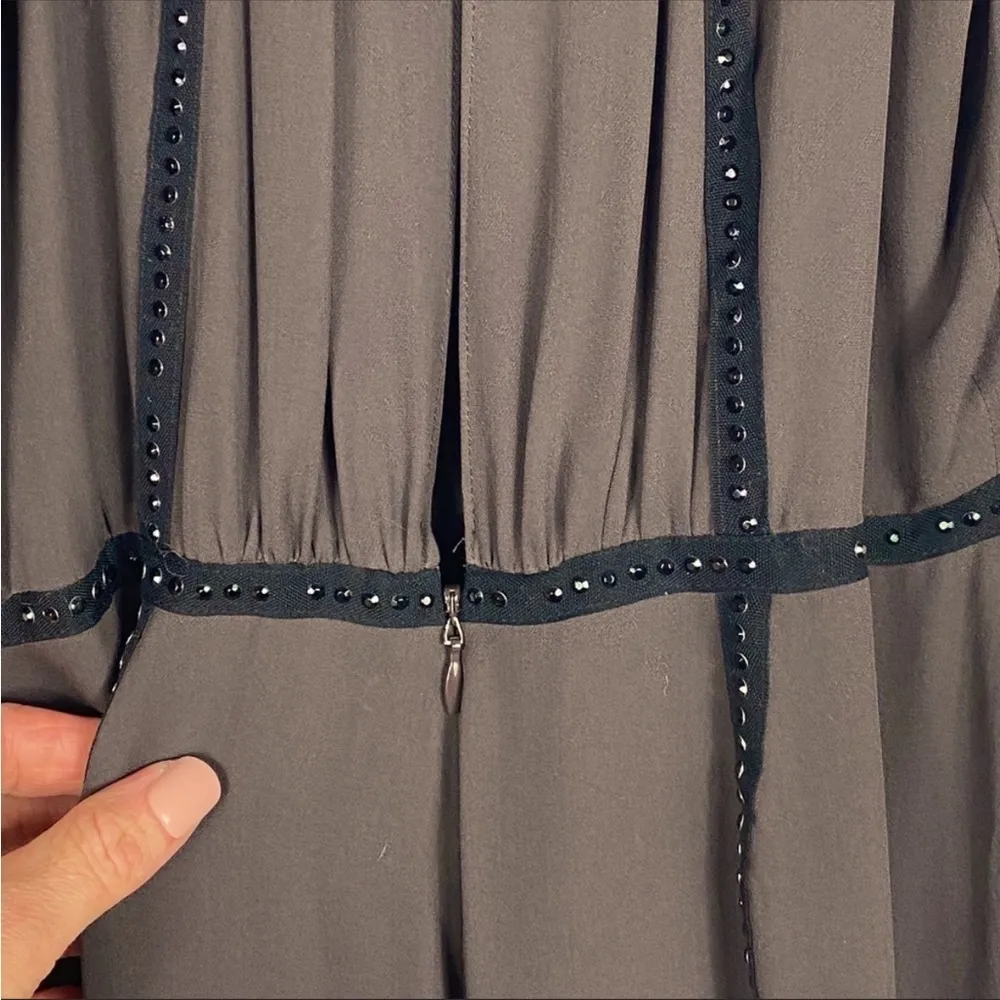 LAGENCE BROWN GOTH SLEEVELESS SILK SILVER STUD EMBELLISHED GROSGRAIN TRIM DRESS - Image 11