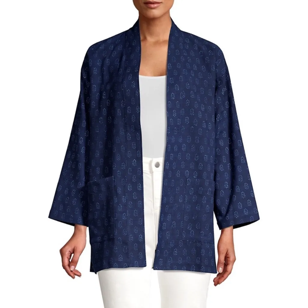 EILEEN FISHER Womens Kimono Jacket Blue Block Print Organic Cotton Size Small - Image 3